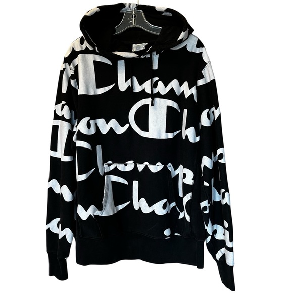Champion Reverse Weave Hoodie Black White All Over Script Logo Size Medium - Picture 1 of 7